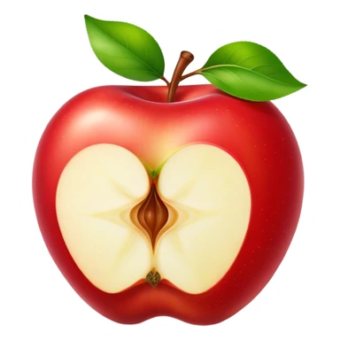 The image shows a bright red, glossy, and plump apple that looks fresh and delicious. A large bite has been taken out of the right side, revealing the juicy, pale yellow flesh inside. At the top of the apple, the stem is still attached along with a fresh green leaf, adding a natural and lively touch. The pure white background makes the vibrant red color and the round shape of the apple stand out even more. sticker