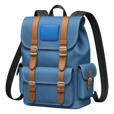 An emoji-style blue denim backpack with a flap top. Two short black buckle straps are attached only at the top flap, not extending to the bottom. The front is clean with no pockets or extended straps. The backpack has two side pockets. Flat, minimalist, cartoon icon.


 sticker