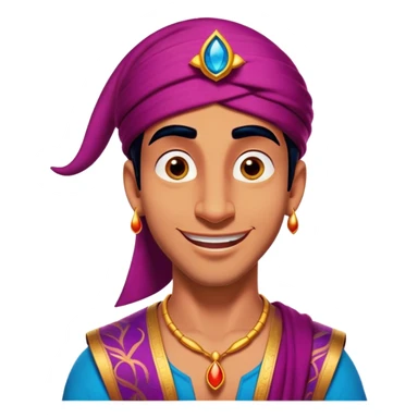 Cinematic Realistic Aladdin Portrait, head tilted dramatically with an exaggeratedly amused expression, featuring vibrant eyes and a slight, roguish grin. His detailed attire and subtle magical accents are brought to life with dynamic lighting and vivid textures, capturing a rare, playful burst of humor from a daring street-wise adventurer. sticker