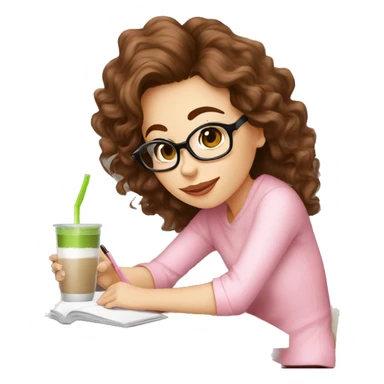 Pilates girl dressed in pink, with brown wavy hair and black glasses, drinking matcha latte and studying for Economics exam  sticker