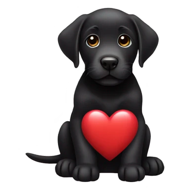 sitting black labrador puppy is holding a heart sticker