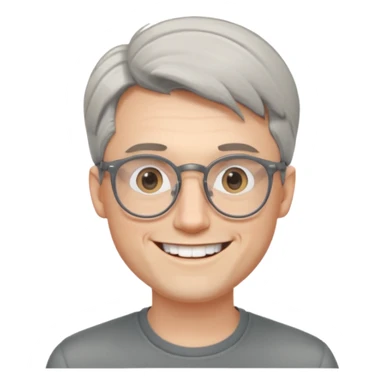 30 yr old pale white man, grey side swept hair, round glasses, big smile, white teeth, handsome, longer hair, thin glasses sticker