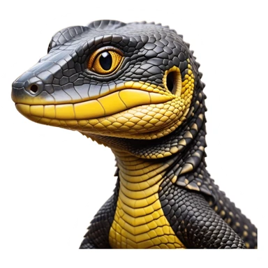 cinematic-realistic-cute-monitor-lizard-portrait-emoji,-head-tilted-playfully-and-inquisitively,-featuring-a-compact,-agile-body-with-finely-detailed,-glossy-scales-in-earthy-black and yellow-hues-and-a-distinct,-alert-face-with-bright,-curious-eyes, black , yellow spotted and green band  scales and a big long neck sticker