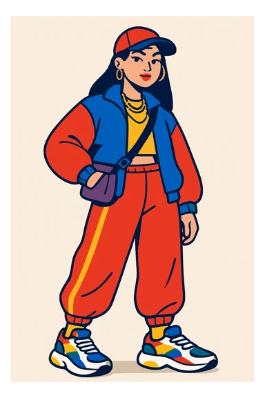 dressed up woman in a cool Gen Z look, trendy streetwear, bold colors, confident pose, modern accessories sticker