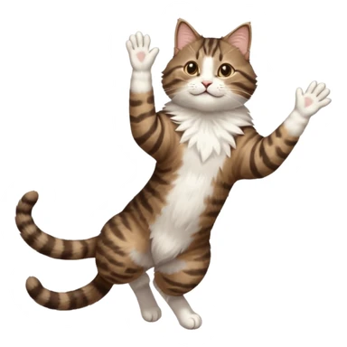 dark brown tabby and white cat with doing a big extremely long stretch reaching up into the air with arms and legs side by side together straight and overextended whilst lying on its side sticker
