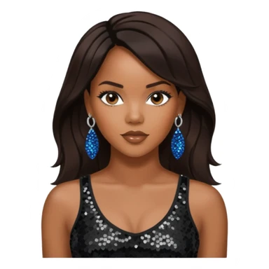LeToya Luckett with long dark brown hair, black sequin crop top, black earring sticker