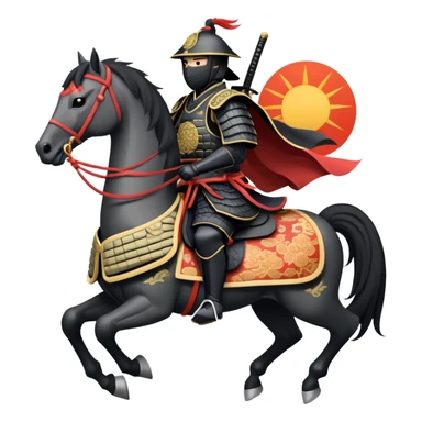 clash-of-clans-aesthetic_-cinematic-fearsome-and-majestic-samurai-bust-portrait-emoji, rendered in a flat, vector-style with minimal shading and bold, simplified shapes typical of emoji art, depicting a battle-hardened samurai with black mask and traditional black Japanese armor. The samurai is riding a noble grey warhorse adorned with an intricately designed saddle and fluttering banners and a rising sun. a zoomed insamurai riding on a  horse sticker
