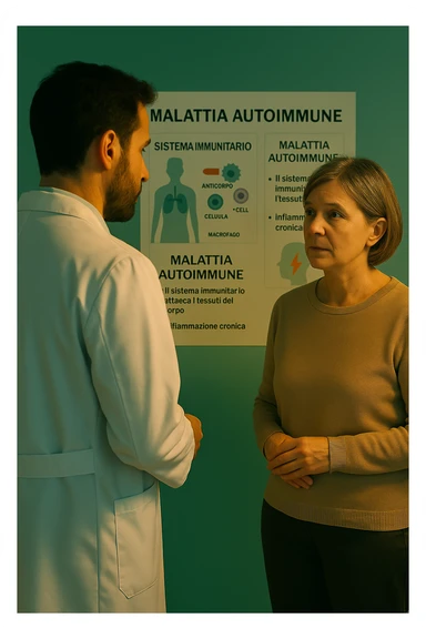 Realistic, detailed photo taken from behind of one doctor e un paziente —a bearded man and a middle-aged woman—standing and facing each other as they discuss an autoimmune disease diagnosis in front of a medical chart that displays information about the immune system and autoimmune conditions. The scene is illuminated by a yellowish, orange, warm light that softly envelops the doctors. The entire room is bathed in a single green-blue color, creating a cohesive and modern atmosphere. Both doctors wear white coats, and their body language suggests a serious, professional conversation about the complexities of autoimmune diseases. Shot with a Canon EOS R5, with high detail and natural depth of field. scritto in italiano sticker
