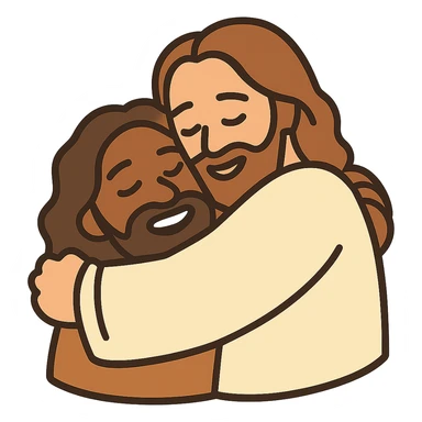 Edit the image of Jesus hugging a person in a basic emoji style with flat colors and simple faces. The image should convey a warm feeling. The background should be transparent. The style should resemble simple emoji art with flat colors and a warm atmosphere. sticker