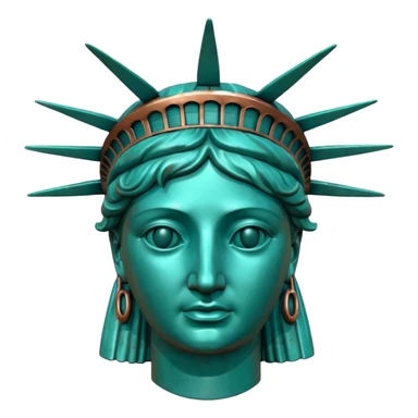 3D render of Statue of Liberty Head, heavily oxidized copper texture, verdigris patina, Classic teal copper texture, weathered bronze aesthetic, ancient decay, Apple emoji style, isolated on white background --v 6.0. sticker
