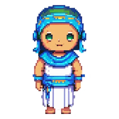 Greek chatbot wearing a toga with a digital screen face in pixel art style sticker