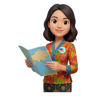 Female Malaysian Tourist Guide with Badge, Batik Clothes & hold a Map sticker
