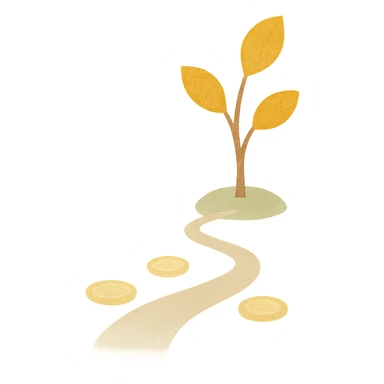 gentle, artistic, minimalist avatar with warm soft colors beige, light brown, green, pale yellow, abstract journey of growing wealth with small tree with golden leaves, path with subtle coin motifs, no text, square format sticker