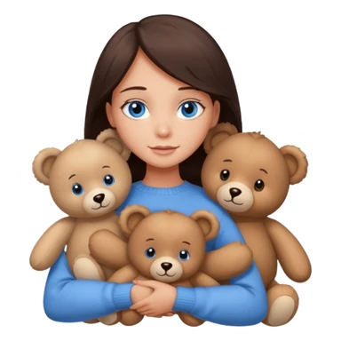 a girl with long dark 
brown hair, with blue eyes, in a
white sweater, hugs 3 different natural coloured sticker