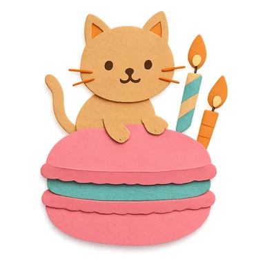 kitten riding giant macaron with candles, paper-craft style sticker