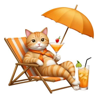 Cat relaxing on a beach chair, sipping a mai tai cocktail with umbrella sticker