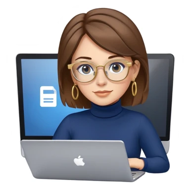 Female programmer with brown hair, navy blue turtleneck, gold hoop earrings, blue computer glasses, using laptop sticker