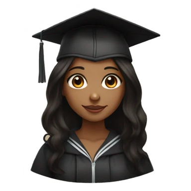 brown girl straight black hair, with amber eyes and long dark hair with light brown skin holding books adn wearing a graduation cap sticker