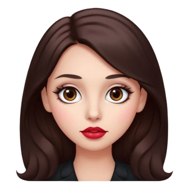 An featuring a woman with dark brown long hair, brown big eyes, light pinkish skin, red cheeks,  sticker