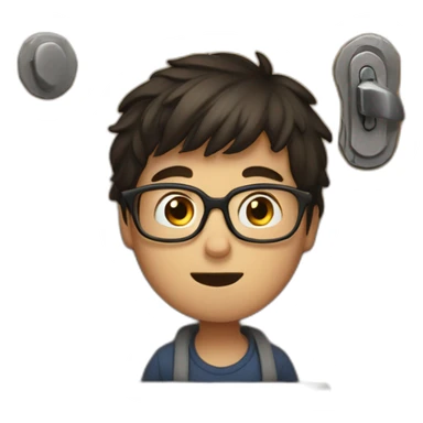 young dark-haired man with glasses struggling to lock a wooden door sticker