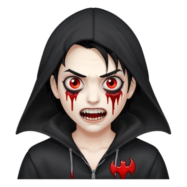 Vampire with gray white skin and full white eyes and bloody fangs and a black hoodie and scary face and black hair  sticker