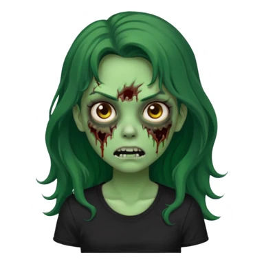 crie um emoji de uma garota zoombie pele verde e cabelo castanho e longo , assustadora e fofa com cabelo ondulado 2b e camiseta básica preta sticker