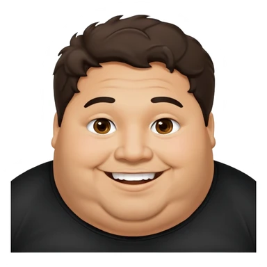 Hombre obeso latino piel canela, cara redonda-ancha, scruff sin barba completa, cejas gruesas, pelo oscuro ondulado flat largo hasta el cuello. Sonrisa amplia, expresión alegre. Camisa negra. Size large.  sticker