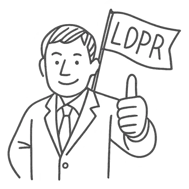 A man giving a thumbs up, in a suit, blue flag with yellow LDPR lettering on the back sticker