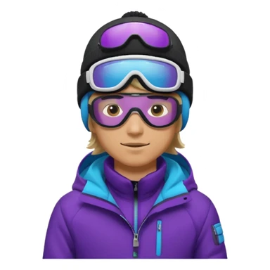 male Pro Snowboarder with white beanie, ONE pair of purple and blue frameless goggles and a black jacket sticker