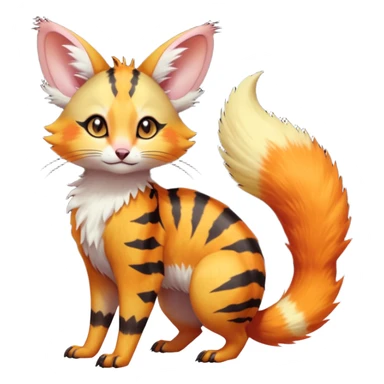 Neon-orange-yellow-red-brown-gradients divine beautiful elegant pretty precious cute young youthful  Fakémon-Pokémon-alien-opossum-feline-serval-caracal-chinchilla-Minccino-hybrid-creature with a big fluffy bushy striped tail (full body) sticker