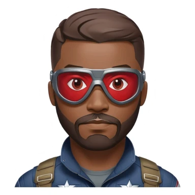 sam wilson with a very short hair close to the scalp and  a well-groomed beard that connects to his mustache,  wear sleek, red-tinted tactical goggles fit snugly from captain america: civil war sticker