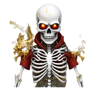 White skeleton zombie person covered in golden chains and black graffiti scribbles and red and silver doodles wings made of lightning snowing snowflakes sticker