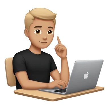 A man in a black t-shirt sitting at a laptop sticker