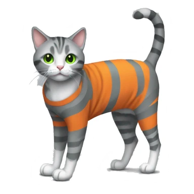 A striped grey cat with green eyes with orange sweater in full growth sticker