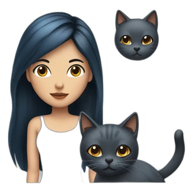 Woman with long, black and blue hair, brown eyes, a cat and a vaper sticker
