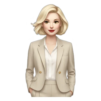 pale skin woman with ash blonde Straightened bob Hair, White Spacious classical jacket, beige palazzo Arrow pants and gray blouse holding a color palettes in the hands sticker