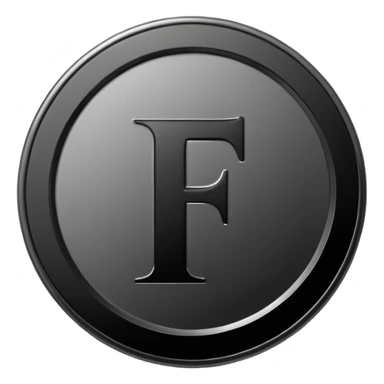 Emoji icon of a black coin with engraved letter F, minimalist style, isolated, no color sticker