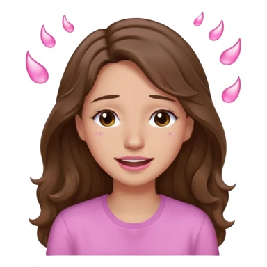 girl with wavy long brown hair, brown eyes, light to medium complexion, long lashes, light pink lipstick, wearing light pink shirt, smiling, crying with big pink tears coming down the face sticker