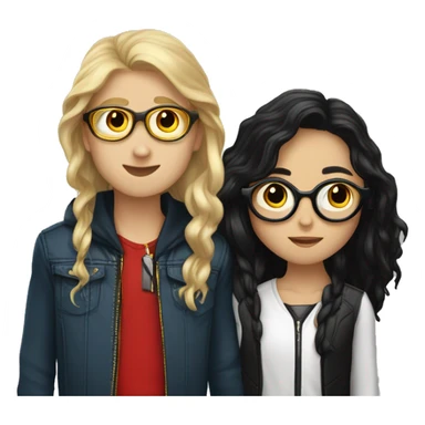 white girl with black and red-tainted long hair and circular golden glasses kissing white boy without glasses and with mi-long slick black hair wearing costume jacket sticker