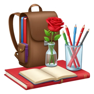 crear una  pizarra grande con libros a un lado, cuadernos, lapices, creyones, un vaso de cristal con rosas rojas, morral, lapto, estilo vector sticker