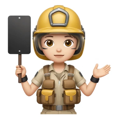 Create a cute emoji-style PUBG Mobile character, chibi version with helmet and backpack, standing in victory pose, holding a blank white sign or paper sheet in both hands in front of chest, ready for text, clean white background, simple emoji design” sticker