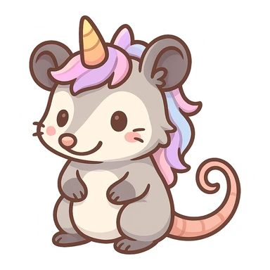 cute cartoon possum dressed up like a unicorn, chibi stickers style sticker