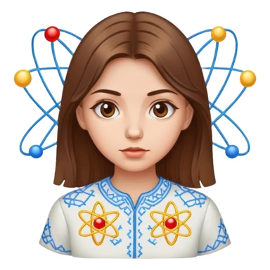 a Ukrainian girl with brown hair in an embroidered shirt and an atom sticker