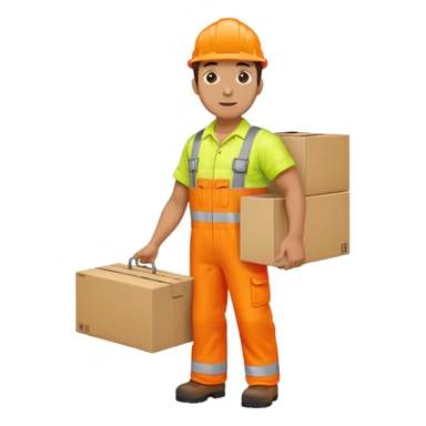 man standing sideways, wearing orange hi visibility overalls, carrying a box sticker