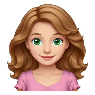 A woman has beige skin, wavy light brown hair, green-blu eyes, she wears pink dress  sticker