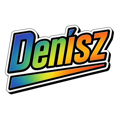 Denisz name in masculine, modern gradient font with precise Hungarian characters, dark outline, extra thick, prominent white letter border, dynamic slanted underline, rainbow gradient colors, 1000x1000 px, PNG, transparent background sticker