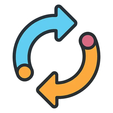 Flat design icon for 'Synchronization / Integration' showing two arrows rotating, connected dots, or interlocking shapes, maintaining a modern and clean look. sticker