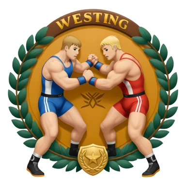 An icon symbolizing wrestling combat sports in the style of an emblem. The design features two wrestlers locked in a powerful grapple, one attempting to take the other down. Surrounding the scene are stylized elements like a championship belt, wrestling mat, and a laurel wreath. sticker
