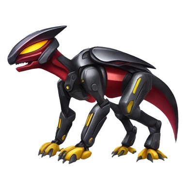 a shiny black-red-yellow Genesect-Raptor-Fakémon—hybrid with a futuristic visor-helmet full body sticker