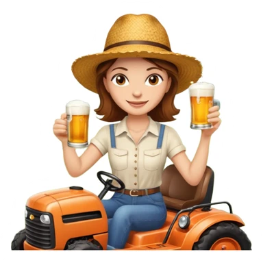 White woman with brown hair, without glasses wearing a straw hat, on old orange ride on lawn mower, holding a beer with one hand and holding the steering wheel with the other hand. Woman is smiling. Lawn mower brand is called “Westwood” sticker